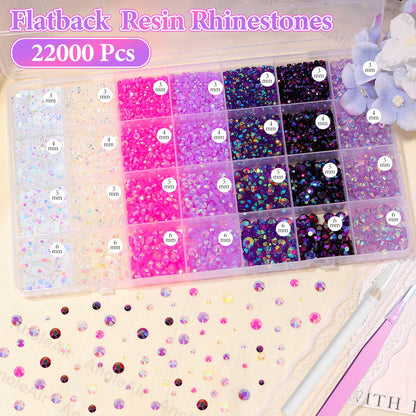 22000Pcs Pink Purple Rhinestones for Bedazzling, Jelly Resin Gem Rhinestones3-5mm, Purple Gems Bedazzling Kit for Crafting, Flatback Color Gems for Nails Face Makeup Tumblers