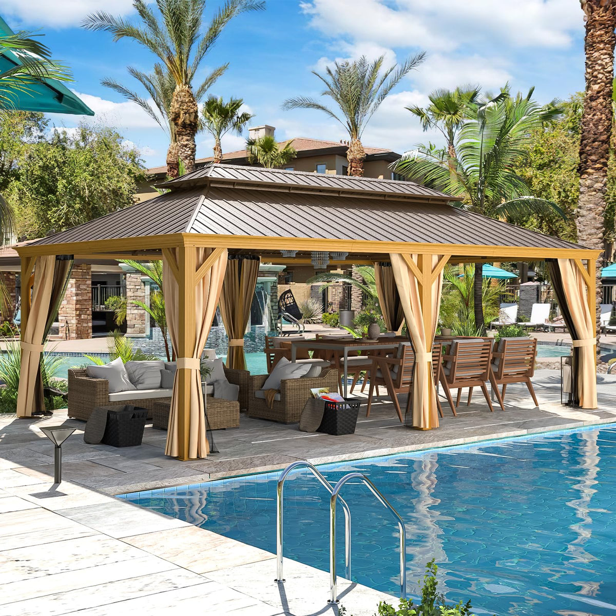 EROMMY 14'x22' Hardtop Gazebo, Galvanized Steel Double Roof with Wood Grain Aluminum Frame, Outdoor Gazebo with Curtains and Nettings for Patio, Backyard and Deck