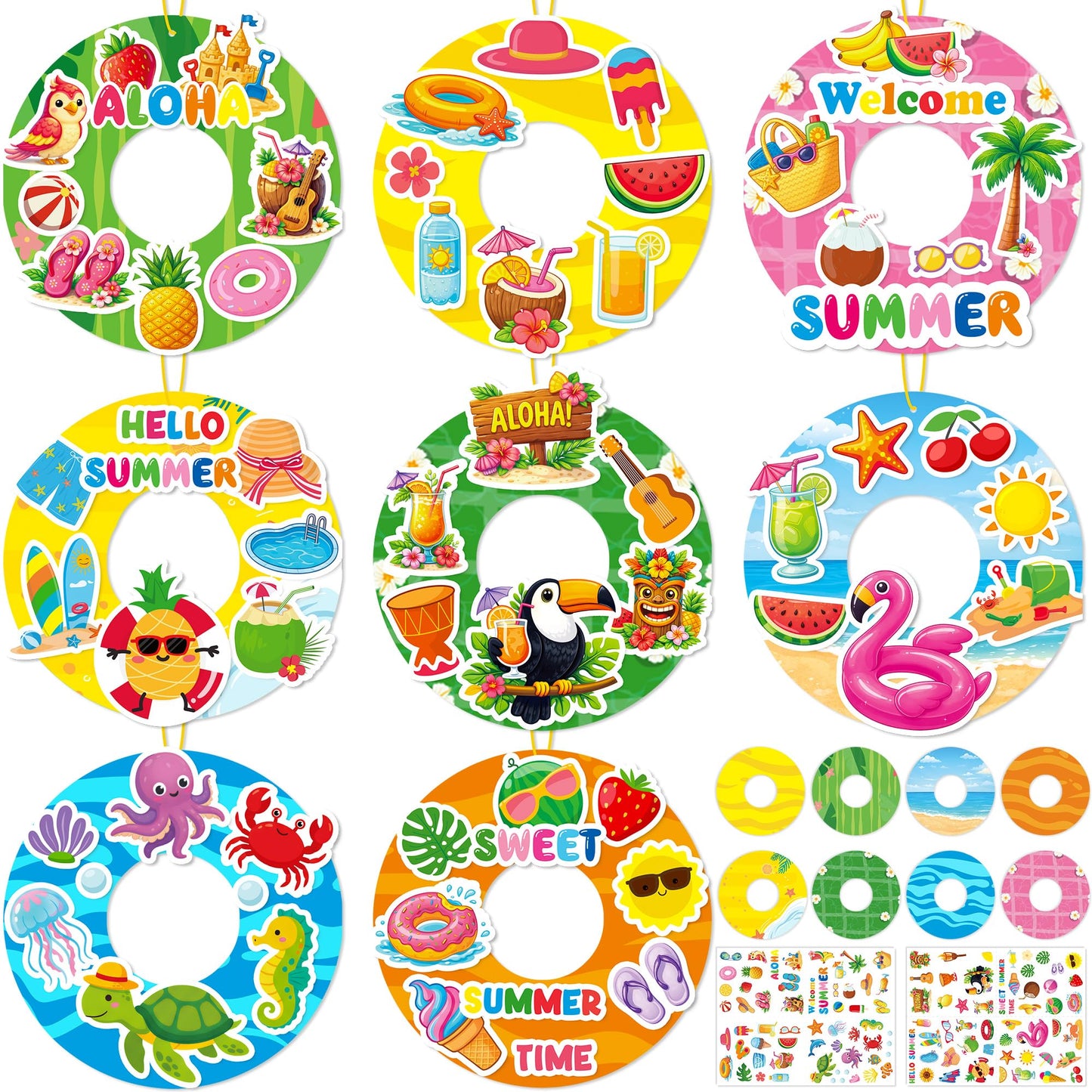 80UncleKimby 54Packs Summer Crafts Bulk – DIY Wreath and Sticker Ornament Making Kit for Hawaiian Beach Party Decorations