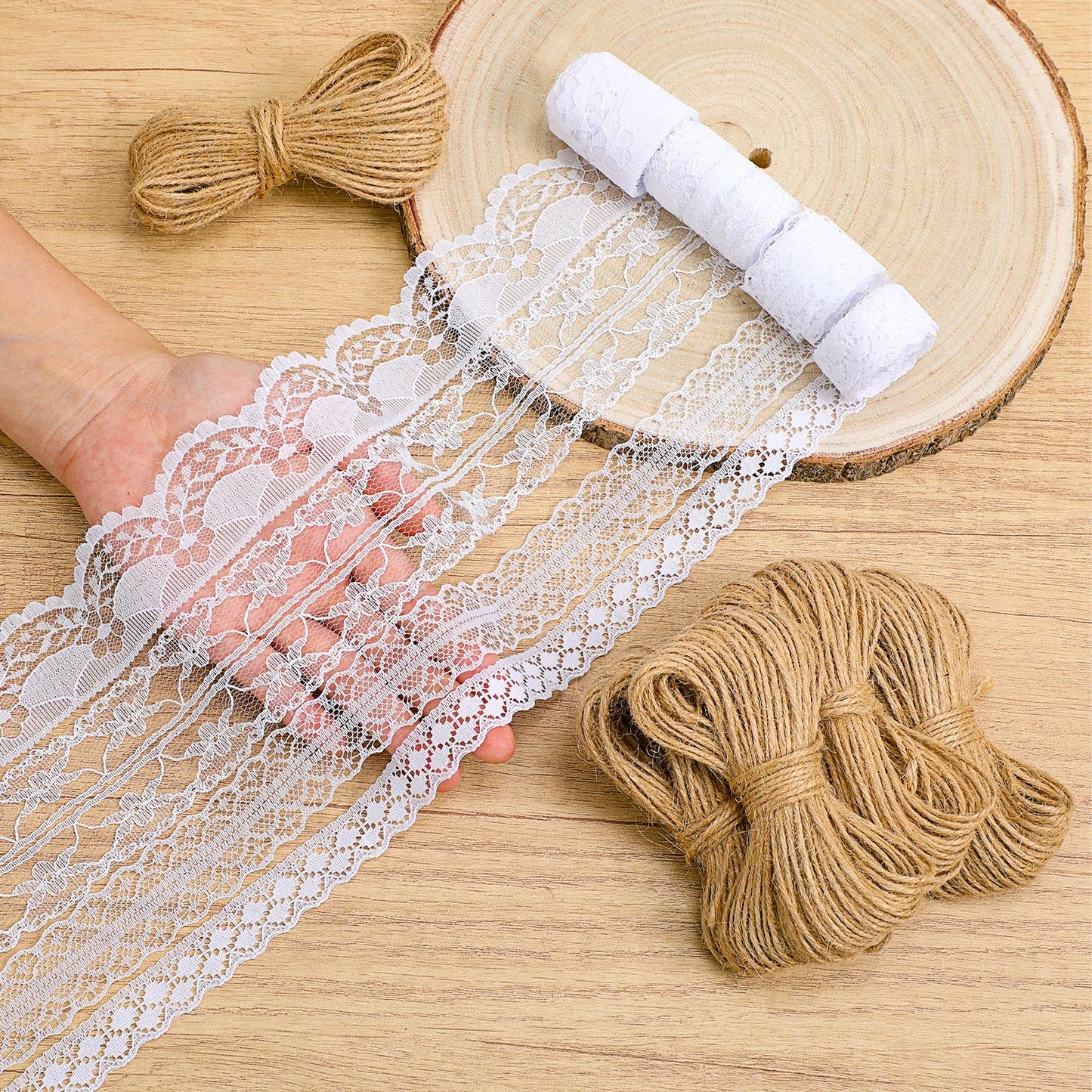 Hoteam 49 Yards White Lace Ribbon 15 Rolls and 328 ft Jute Twine, Craft Ribbon 0.5 to 2.36 Inch Assorted Pattern for Wedding Party Rustic Decoration Gift Wrapping DIY Crafts Home, 3.28 Yards for Each