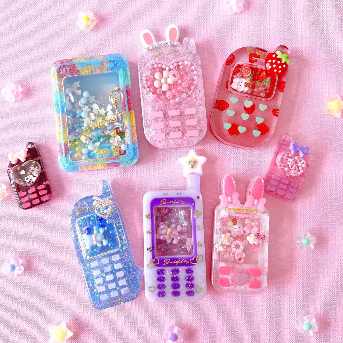 FUNSHOWCASE Resin Shaker Molds Set Mobile Phones Keychain Charm Pack of 8 Silicone Trays Seal Films Precision Tip Applicator Bottle Kit Bundle