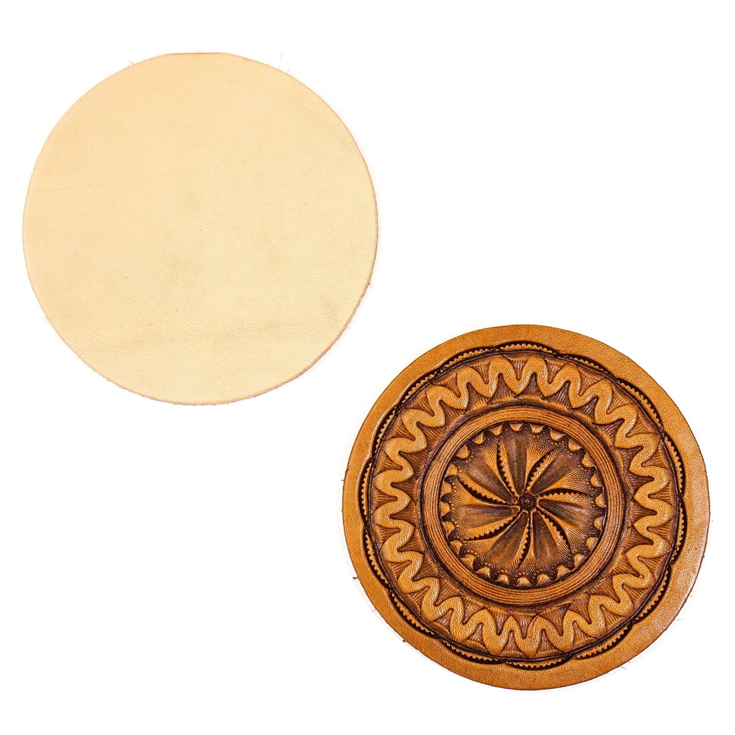 25 Pack – 3‑1/4" Round Veg‑Tanned Leather Pieces – 8–9 oz (3.2–3.6 mm) Natural Leather Circles for Coasters, Tooling, Stamping, Carving & Laser Engraving – Springfield Leather Company