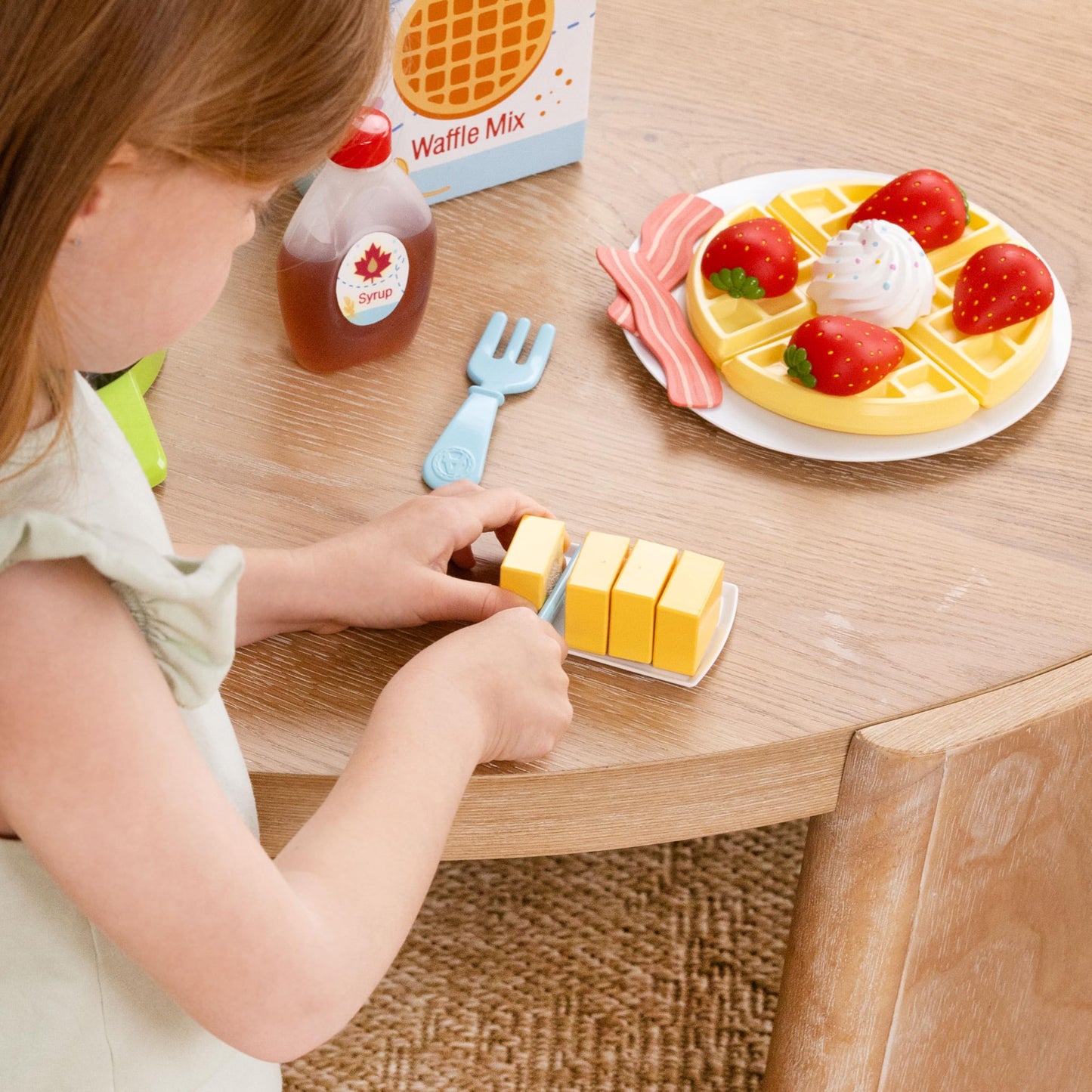 Play Food Sets for Kids Kitchen Toys, Pretend Breakfast Playset with Plush Waffle Toppings Syrup Bottle and Plate, Fake Food and Toy Kitchen Accessories Look So Realistic