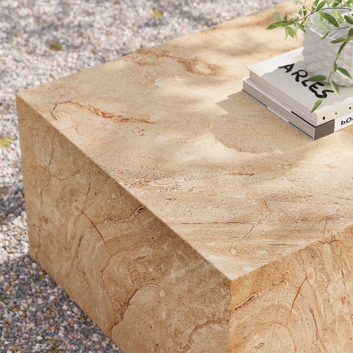 Modway Jordana 47 Inch Rectangle Concrete Coffee Table in Travertine – Plinth Coffee Table with Faux Stone Finish – Concrete Furniture Center Table for Living Room or Patio