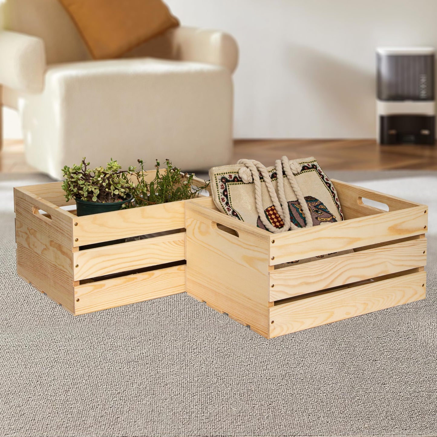 WDECORHOMT 3 Packs Unfinished Pine Wooden Crate (17x13x8.9 Inches), DIY Wooden Storage Crate with Handles, Easy-Assemble Pine Milk Crates Style Organizer for Home/Office/Farmhouse Decor (3)