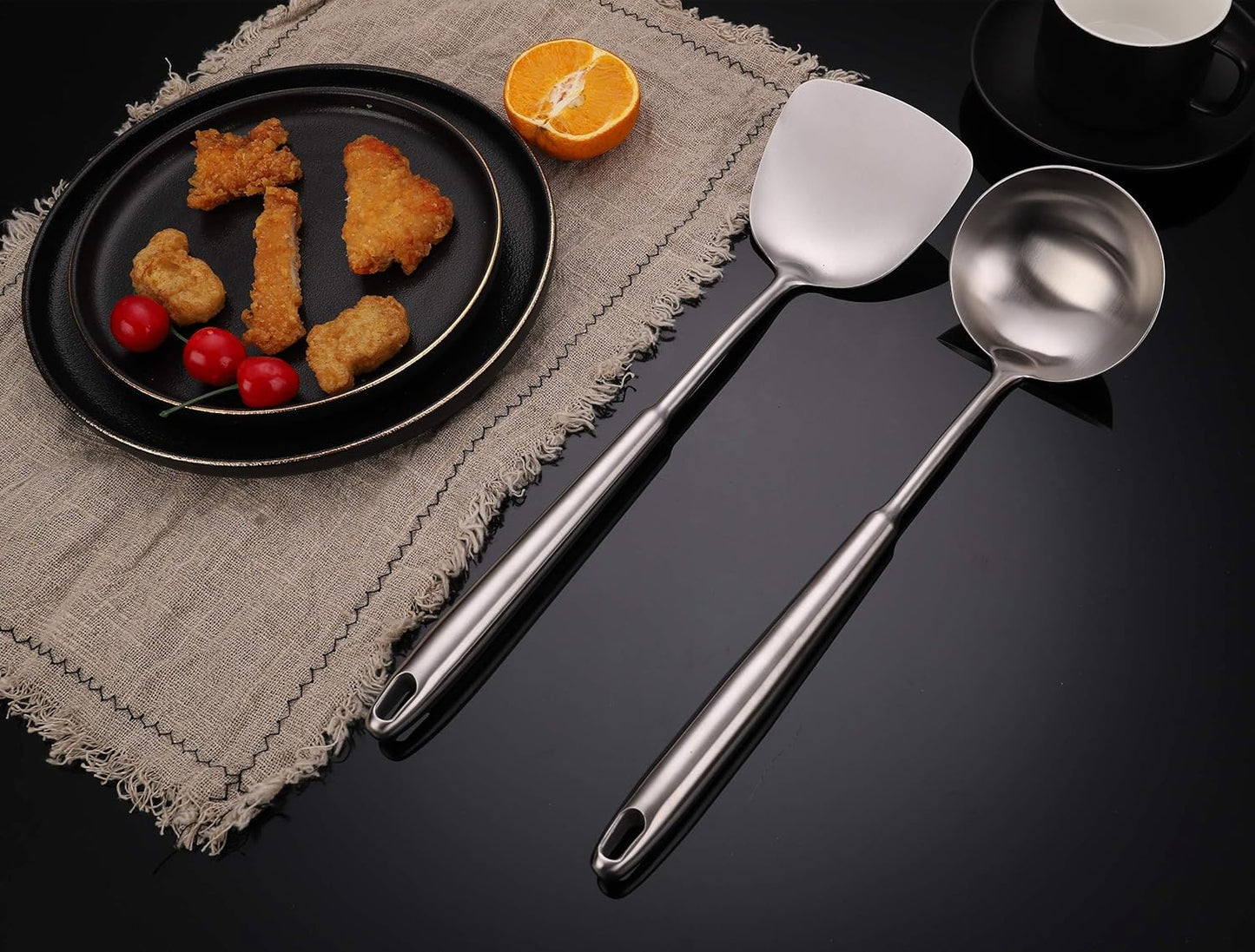 FJNATINH Wok Spatula and Soup Ladle Set, 304 Stainless Steel Utensil Tools Set, 2 Pieces for Cooking Kitchen