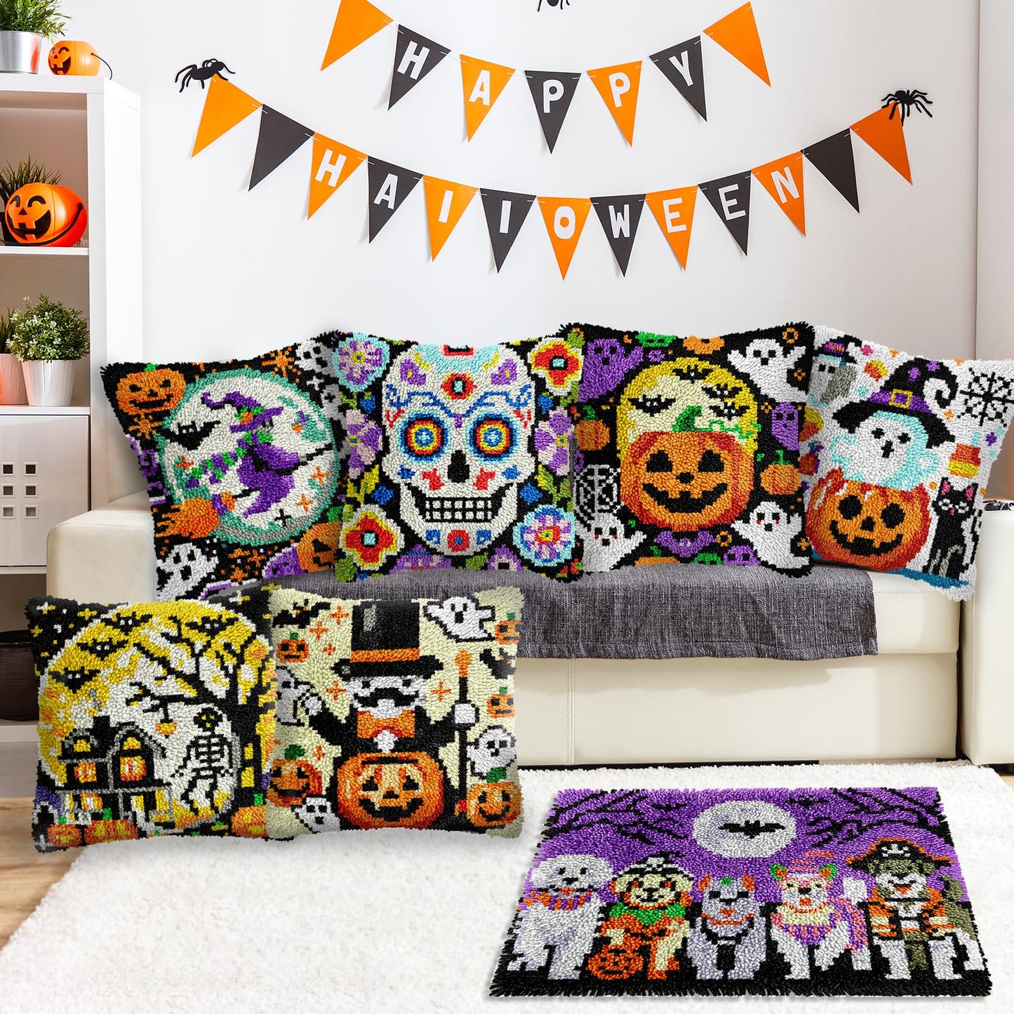 veirousa Halloween Flying Witch Latch Hook Kits for Adults Kids Beginners Pumpkin DIY Latch Hook Rug Kit Pre-Printed Hook and Latch Carpet Making Kits Cross-Stitch Wall Hanging Crochet Set 15x20 Inch