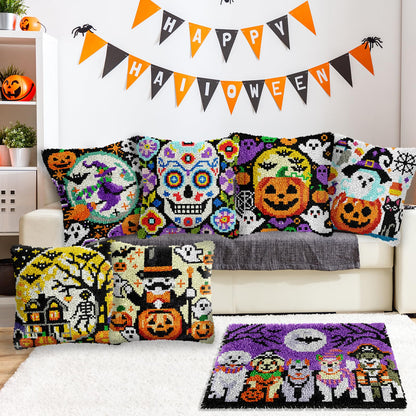 veirousa Halloween Flying Witch Latch Hook Kits for Adults Kids Beginners Pumpkin DIY Latch Hook Rug Kit Pre-Printed Hook and Latch Carpet Making Kits Cross-Stitch Wall Hanging Crochet Set 15x20 Inch