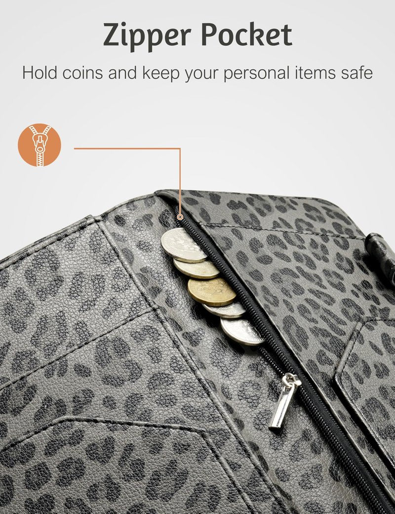 Server Book for Waitress Book with Zipper Pocket and Magnetic Closure, 5"×9" Grey Leopard Cute Server Wallet with Money Pocket, Restaurant Waitstaff Organizer Fit Server Apron