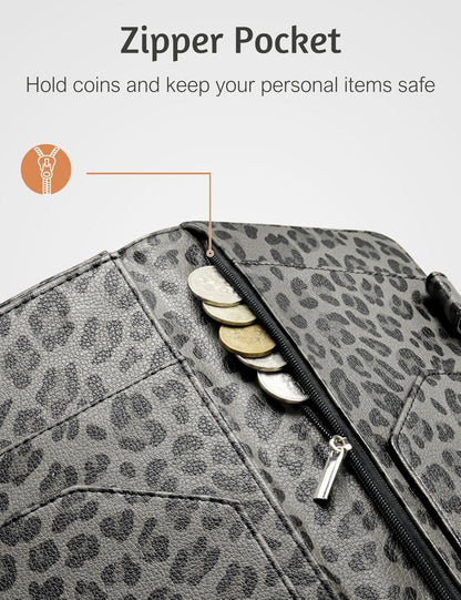 Server Book for Waitress Book with Zipper Pocket and Magnetic Closure, 5"×9" Grey Leopard Cute Server Wallet with Money Pocket, Restaurant Waitstaff Organizer Fit Server Apron