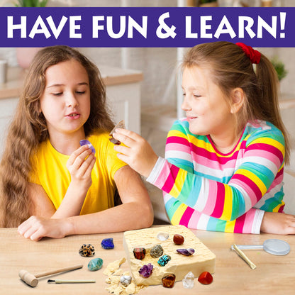 DANCING BEAR Gem stone Dig Kit, Excavate 16 Real Gems & Crystals including Arrowheads, Quartz Point and Amethyst, STEM Education for Kids, Fun Rock Mining Science Activity Gift Sets for Girls and Boys