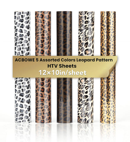 5pcs/Set Leopard Patterned Heat Transfer Vinyl, Stretchable 12" x 10" Cheetah Print HTV Vinyl Sheets for T-Shirt Decoration and DIY Craft Material