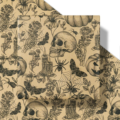 RUSPEPA 30" X 32.8' Kraft Autumn Wrapping Paper Large Paper Roll, Jumbo Roll, Vintage Black Skull, Spider, Pumpkin and Gothic Floral Design Kraft Gift Wrap for Fall Holiday and Halloween Party