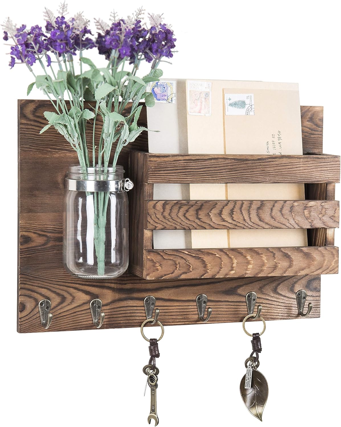 MyGift Wall-Mounted Burnt Wood Mail Holder Organizer with 6 Key Hooks & Mason Jar