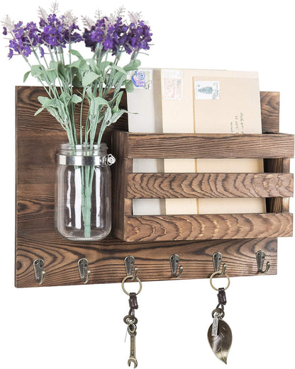 MyGift Wall-Mounted Burnt Wood Mail Holder Organizer with 6 Key Hooks & Mason Jar