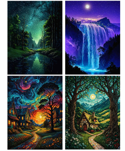 Lovepefe Starry Sky Paint by Numbers Kit for Adults, 4 Pack Country Night Paint by Number Kits for Beginner Moon Acrylic On Canvas DIY Oil Painting Kit for Gift Home Wall Decor 12x16 Inch