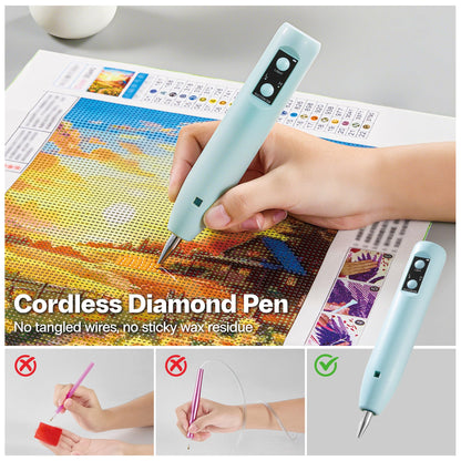 Electric Diamond Painting Pen - Cordless Diamond Art Pen Low-Noise Wax-Free, Rechargeable 2-Speed with LED Light & Removable Magnifier, Portable Diamond Art Accessories for Crafts Lovers