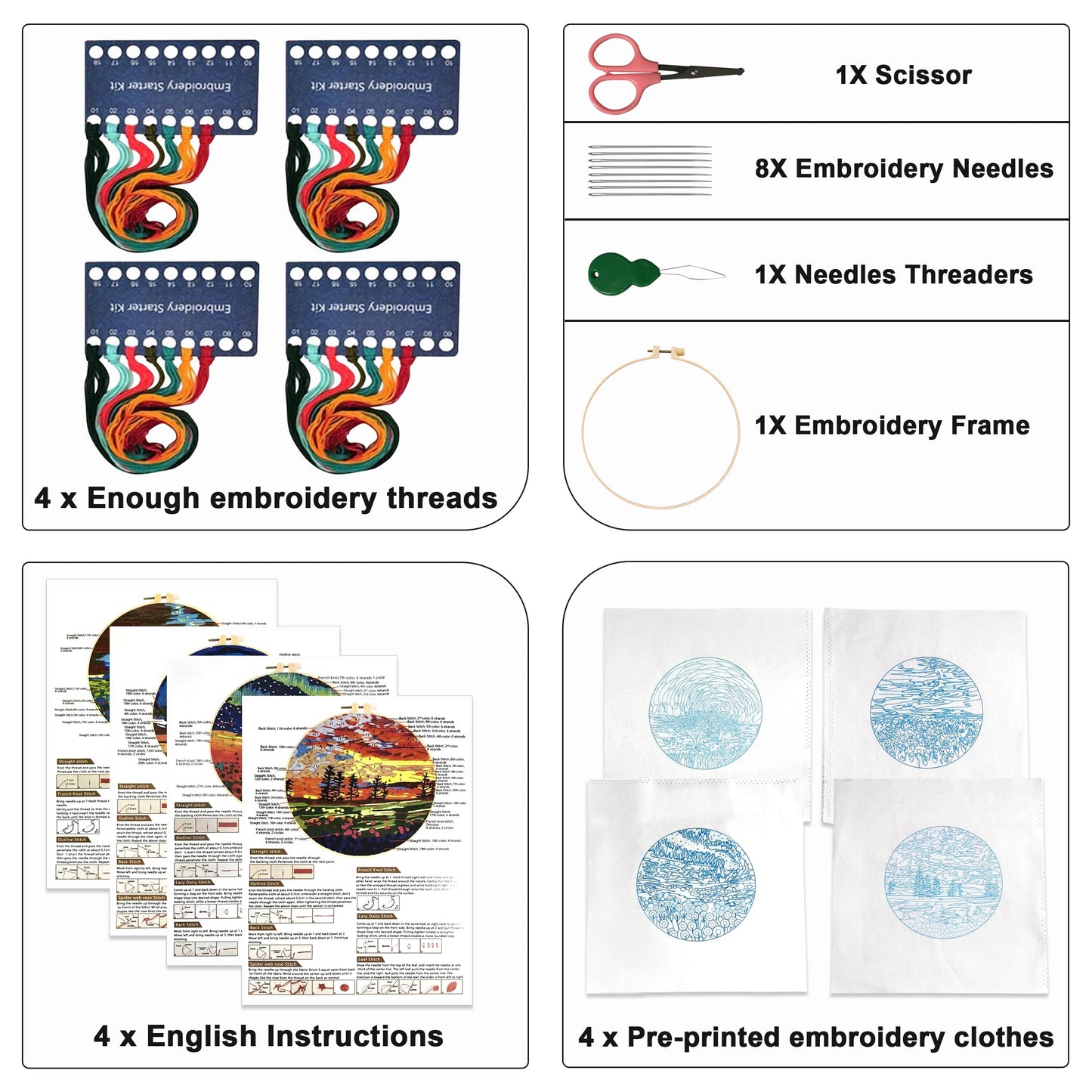 Maydear 4 Pack Embroidery Starter Kit with Pattern, Stamped Cross Stitch Kits for Beginners Adults with Embroidery Hoop and Instructions, Hand Embroidery Kit (Embroidery kit flower2)