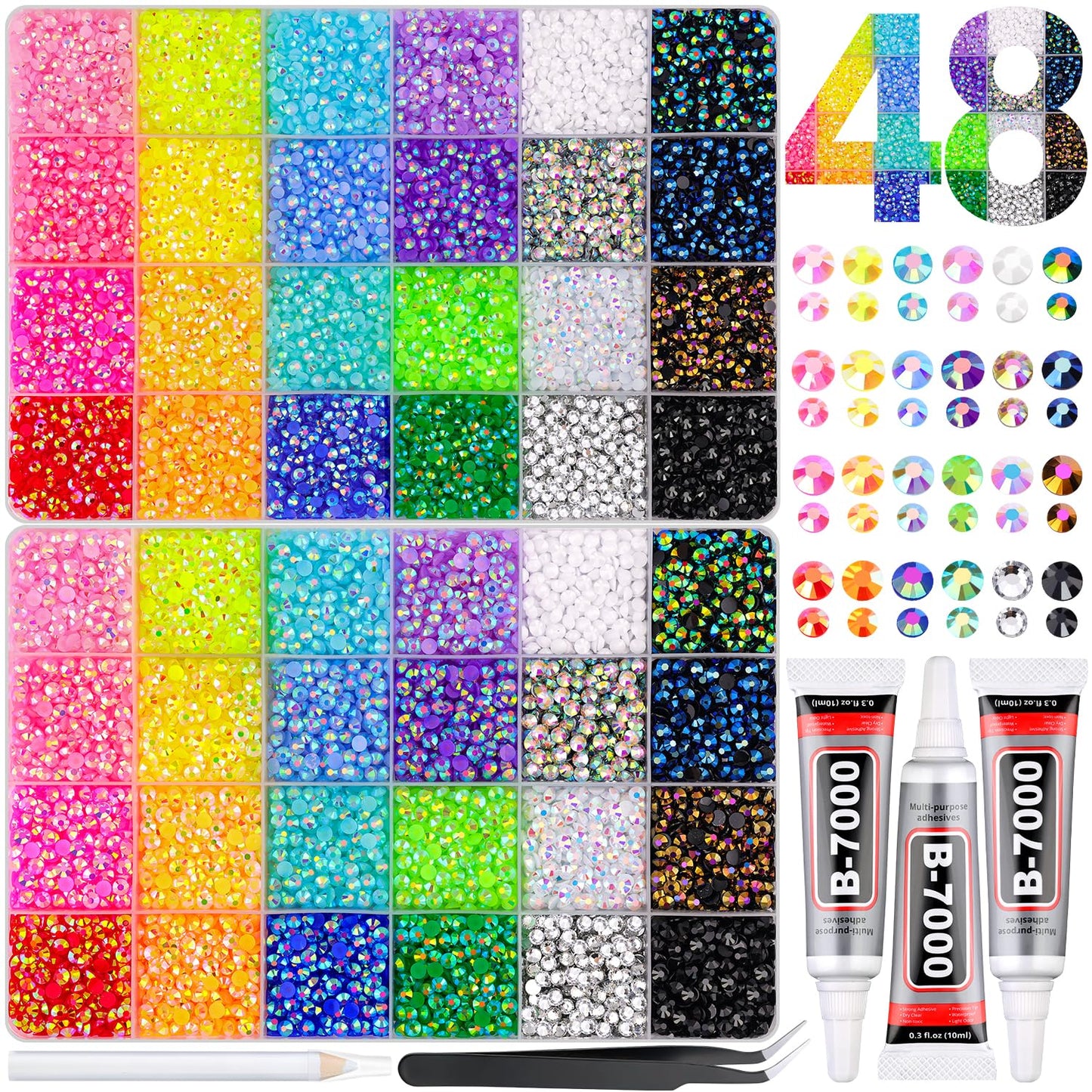 30000Pcs Resin Rhinestones for Bedazzling Kit, 2 Boxes Multicolor 3mm&4mm Bedazzled Crystal, Flatback Gems with 3Pcs 10ml B7000 Jewelry Glue for DIY Crafts Clothing Nail Art Makeup