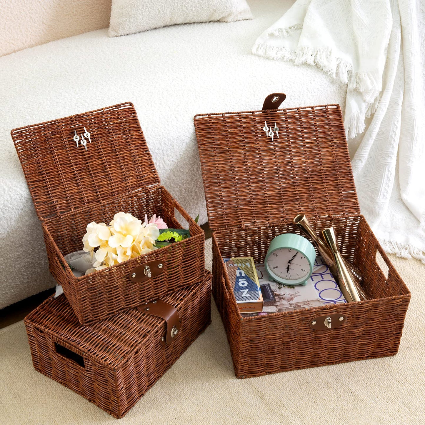Homepeaz Set of 3 Woven Wicker Storage Basket Box with Lids & Lock, Built-in Carry Handles, Multifunctional Storage Organizer for Nursery, Baby, Clothes, Toys, Books, Large/Medium/Small Size (Natural)