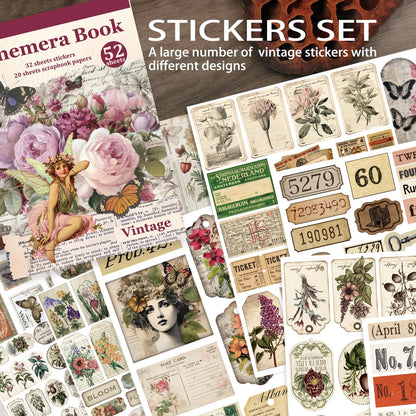 Bomichi Vintage Sticker Book with Washi Paper, Aesthetic Journaling Stickers for Scrapbooking, Bullet Junk Journal, Teen Girl, Water Bottle, Laptop, Planner, DIY Crafts
