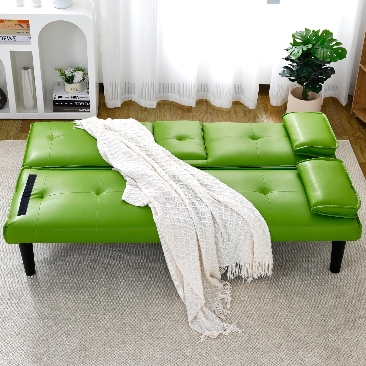 KEIKI 67" Convertible Sofa Bed with Cup Holder, 3 in 1 Futon Sofa Bed, PVC Sleeper Sofa Chair for Living Room, Office, Green