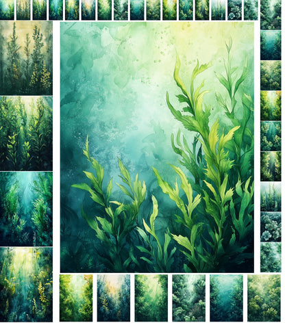 Decoupage Paper Pack (35 Sheets 6"x8") Underwater Greens: Beautifully Painted Aquatic Plants Swaying in The Ocean Depths, Illuminated by Ethereal Rays of Sunlight FLONZ Vintage
