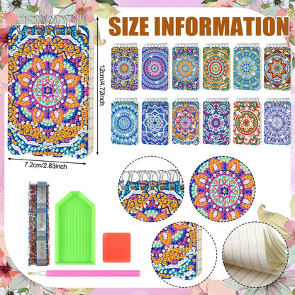 Frienda 12 Pcs Mandala Diamond Painting Notebook Kits for Adults DIY Mandala Diamond Art Journal Notebooks 5d Flower Gem Dots Cover Notepad Gift Set Journal Art Crafts Accessories with Tools