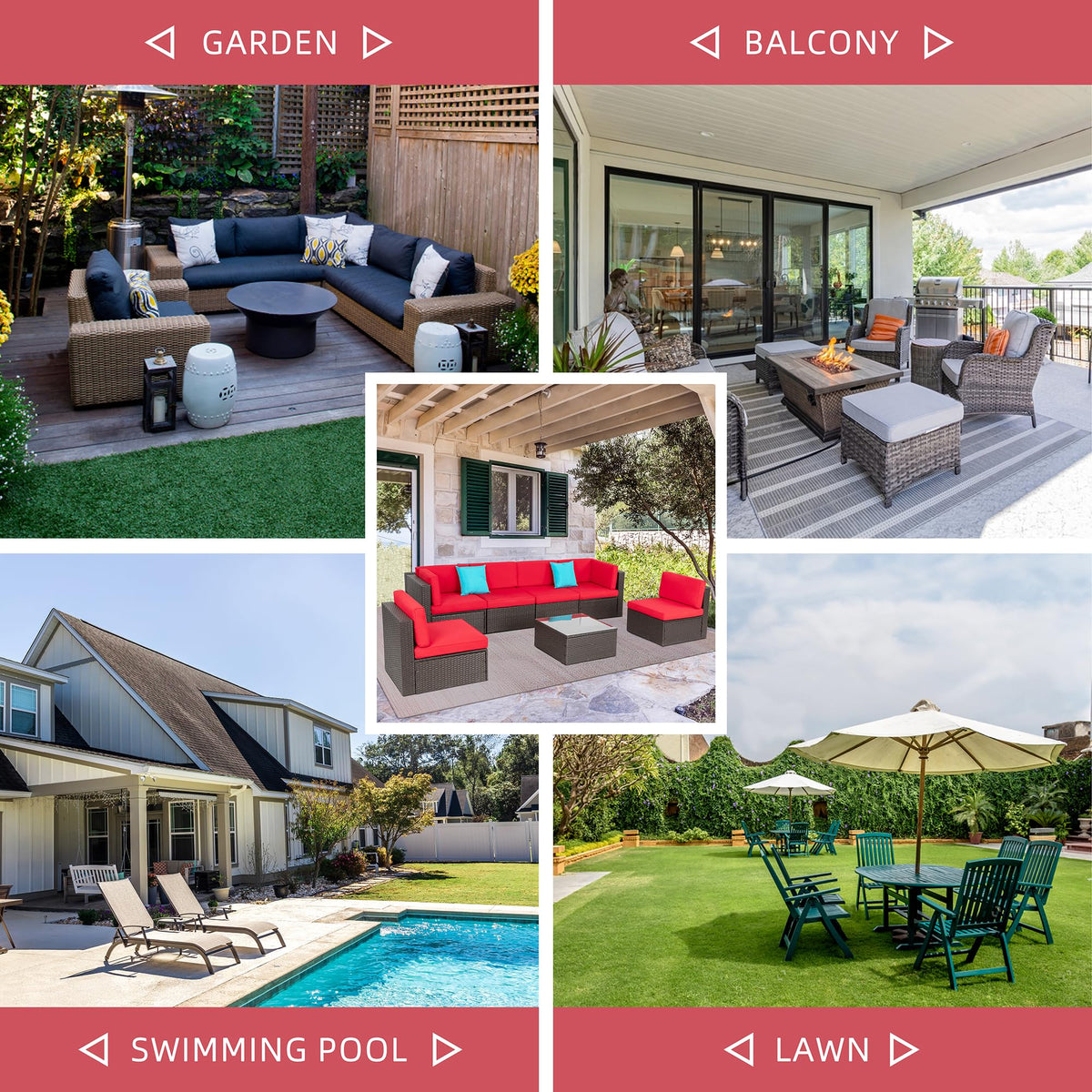 Shintenchi 7 Pieces Patio Furniture Sets Outdoor All-Weather Sectional Patio Sofa Set PE Rattan Manual Weaving Wicker Patio Conversation Set with Glass Table&Ottoman Cushion and Red Pillows, Red