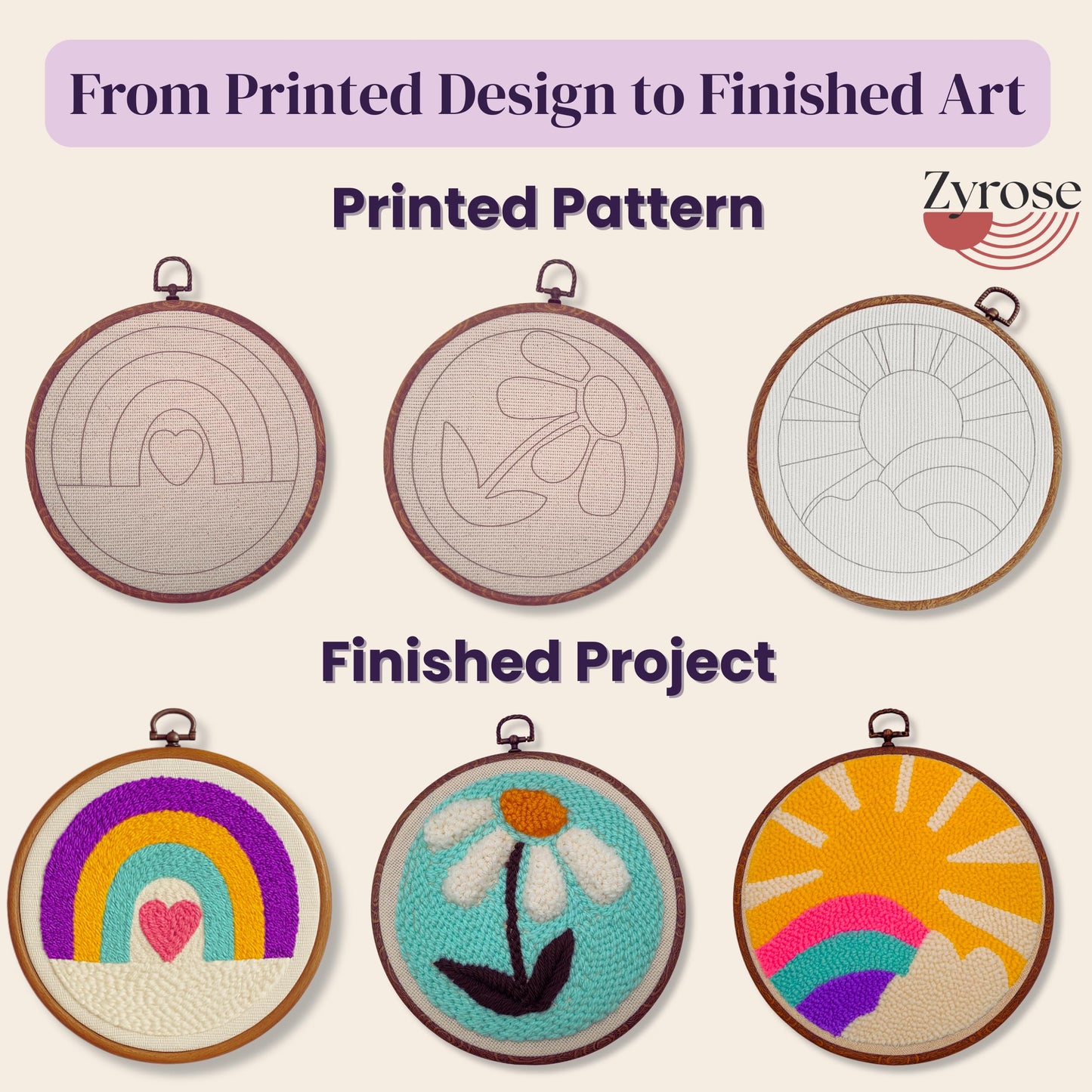 Zyrose Punch Needle Kit for Beginners & Adults, Printed Fabric, 8" Non-Slip Hoop, 3 Interchangeable Needles, Premium Merino Yarn – Complete Starter Set – Joyful Days