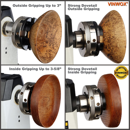 VINWOX 4INCH 4-Jaw Self-Centering Wood Lathe Chuck, 2" Round Jaw Mounted, 1"x8TPI thread & 3/4"x16TPI Adapter, T Allen Wrench, Screw Chuck, SCR4-4, Nickle electric Coating Body