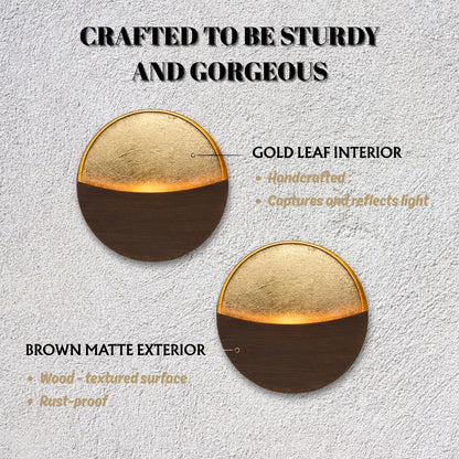 Eclipse Wall Candle Holder Set of 2, Metal Candle Sconces with Brushed Wood Grain and Gold Interior, Christmas Wall Decor for Living Room, Bedroom, and Modern Farmhouse