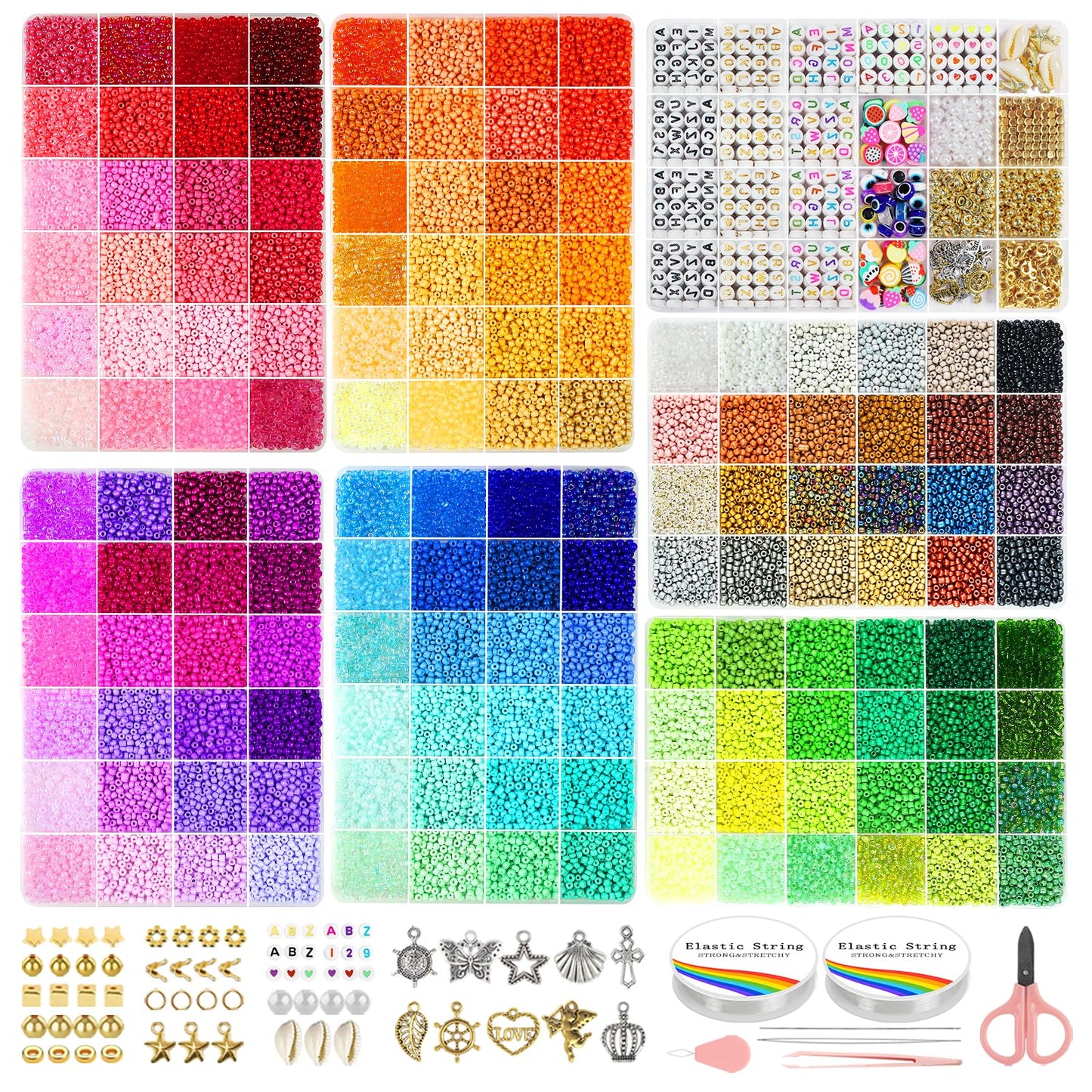 Redtwo 3mm 45000pcs Glass Seed Beads Kit, 7 Boxes 144 Colors Small Beads for Bracelets, Friendship Bracelet Kit with Charms and Letters