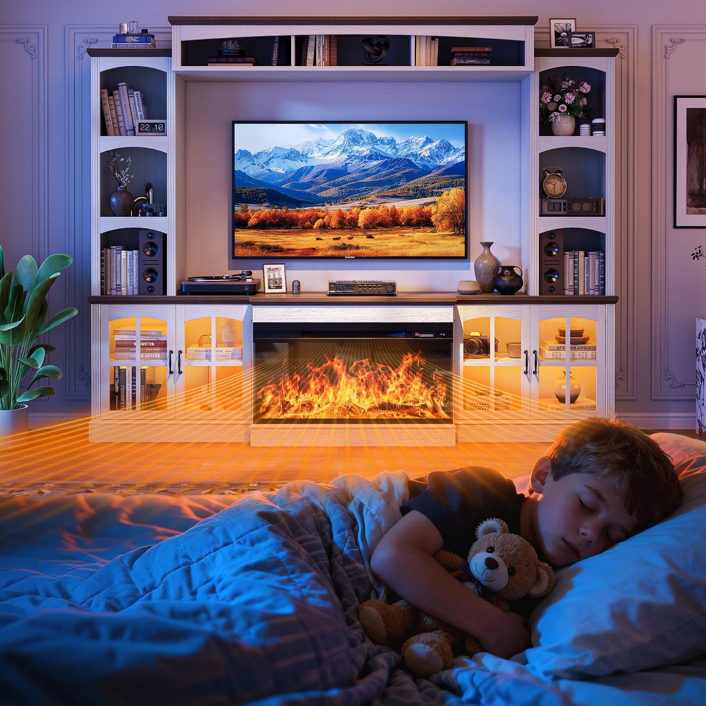 OneBlis 98" Farmhouse TV Stand with 36" Electric Fireplace, Bookshelves, Fits 75" TVs, Entertainment Center with Storage Cabinet, Large Wall Unit Media Console for Living Room, White