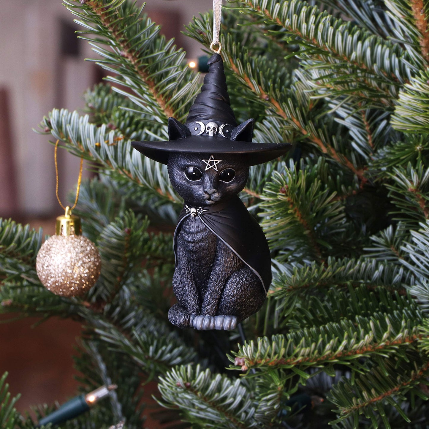 Nemesis Now Cult Cuties Purrah Hanging Ornament 11.5cm, Resin, Black, Scarily Adorable Bewitching Cat Hanging Ornament, Witch Cat, Cast in The Finest Resin, Expertly Hand-Painted
