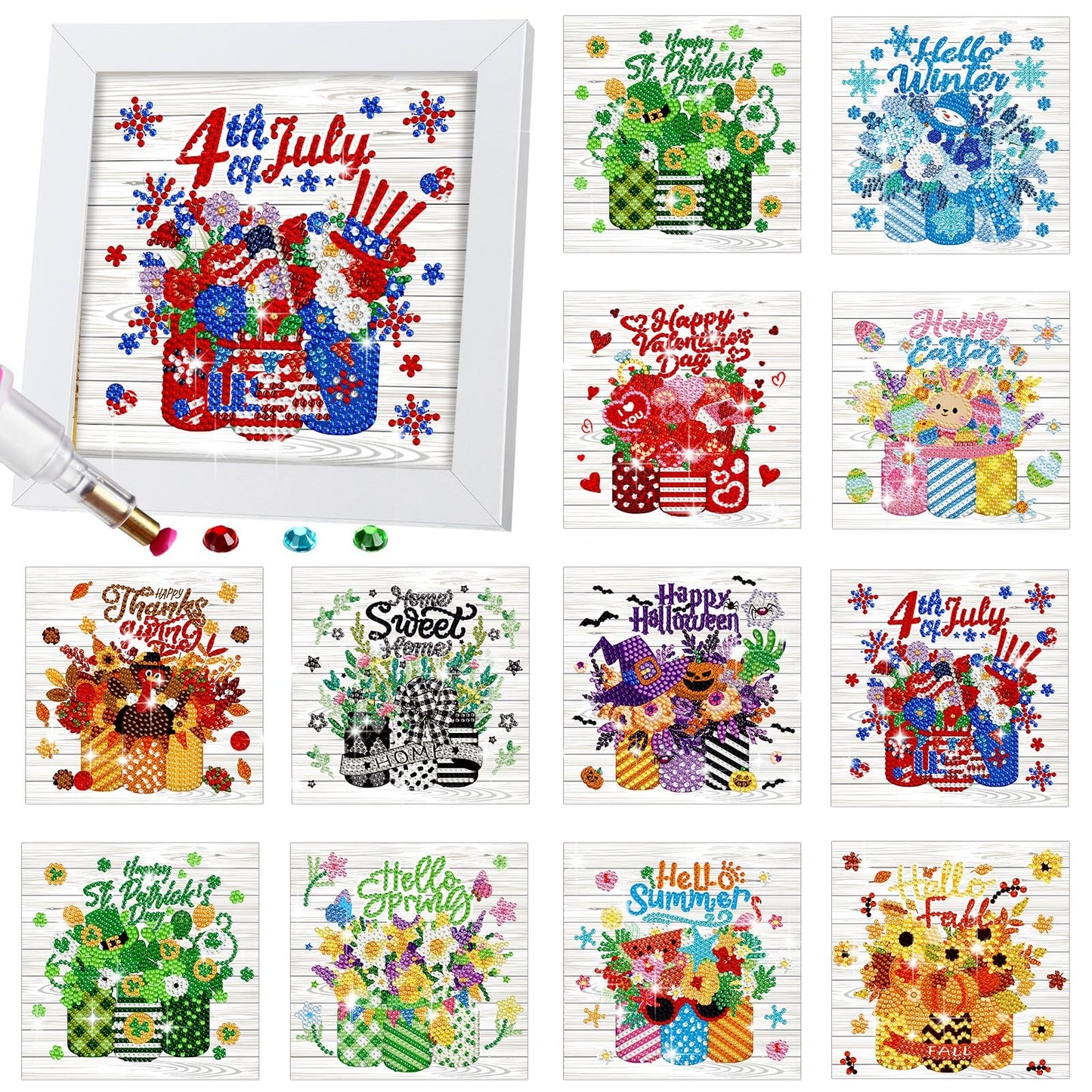 Trandraft 13 Pcs Interchangeable Holiday Diamond Art Kits for Adults 5D Framed Seasonal DIY Diamond Paint with Full Drill Gems for Beginner Monthly Table Craft Gift Decor (Mason Jar)