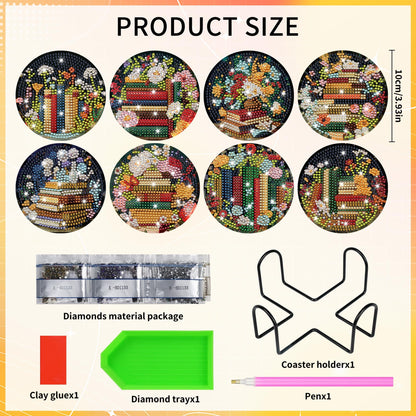 8 Pcs Book Diamond Art Coasters Kit with Holder and Cork Pads, Floral DIY Diamond Painting Coaster Kit for Adults Beginners, Round 4 Inch Drink Coasters Craft Set for Home Decor