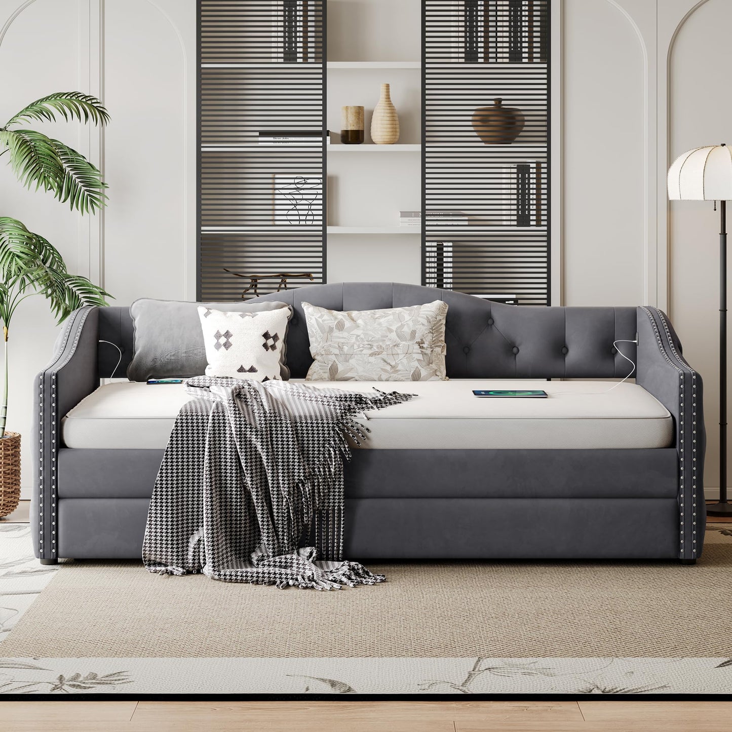 KEIKI Twin Size Daybed with Trundle and USB Charging, Upholstered Velvet Bed Frame with Storage, Captains Bed for Bedroom/Guestroom/Dorm, Gray