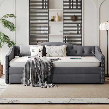 KEIKI Twin Size Daybed with Trundle and USB Charging, Upholstered Velvet Bed Frame with Storage, Captains Bed for Bedroom/Guestroom/Dorm, Gray