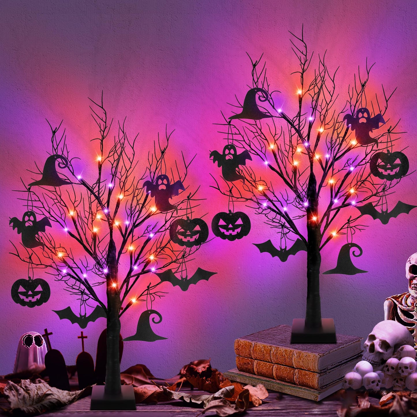 [Timer] 2 Pack 24 Inch Halloween Decorations Indoor, Black Halloween Tree with 24 LED Orange Purple Lights & 16 Pumpkin Bat Ghost Witch Hat, USB/Battery Operated Table Decorations Home Party