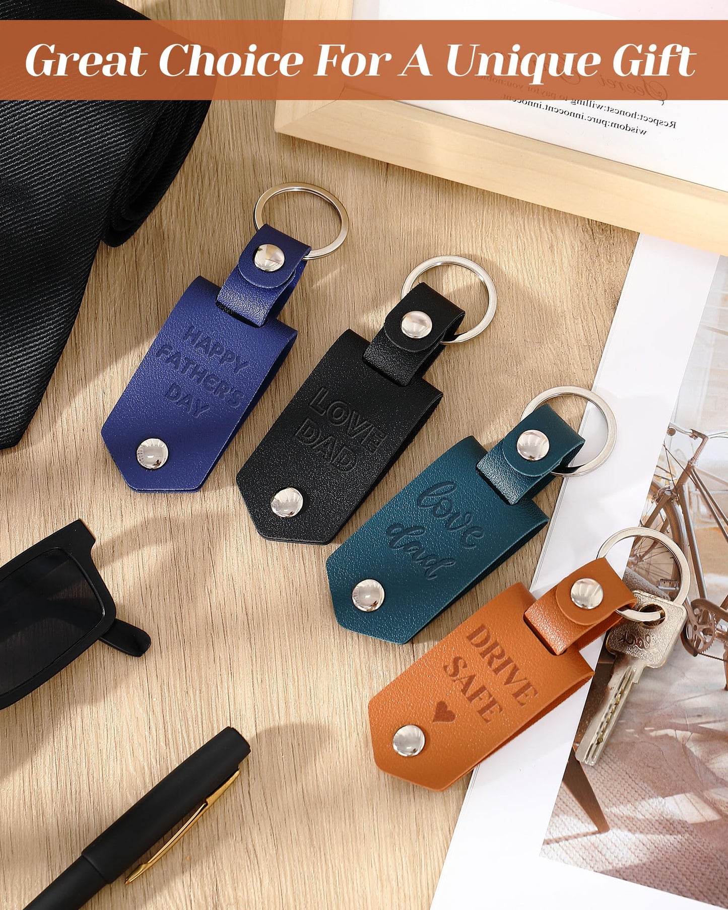 Wavyknot 12 Pcs Leather Photo Keychains Laser Engraving Blank Sublimation Picture Keychain Bulk Graduation Gift for Men Women(Black, Brown, Royal Blue, Dark Green)