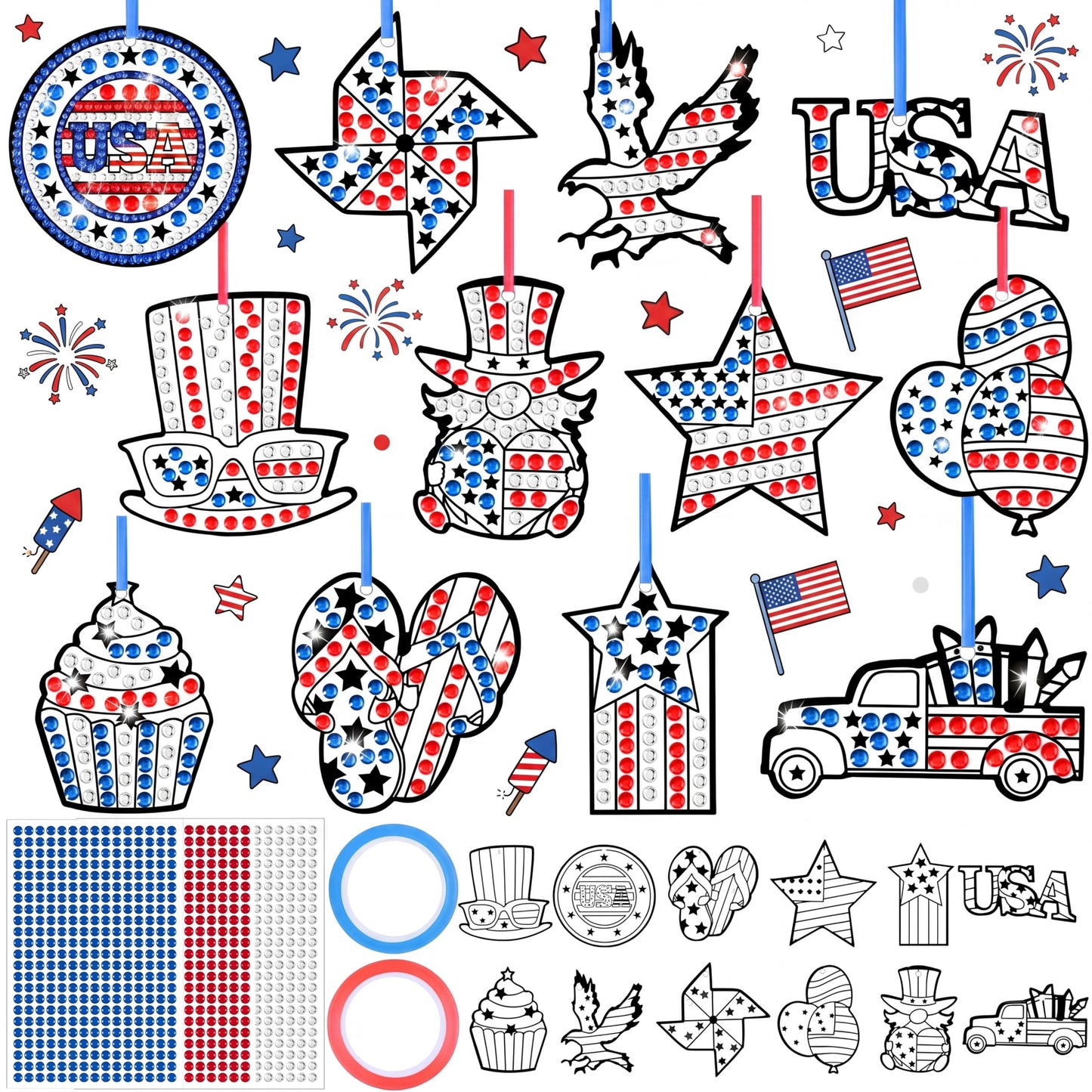 DoubleFill 48 Pcs 4th of July Art Crafts Patriotic Diamond Art DIY Red White and Blue Diamond Suncatcher Ornament for Independence Day American Holiday Memorial Day Gift Party Favors