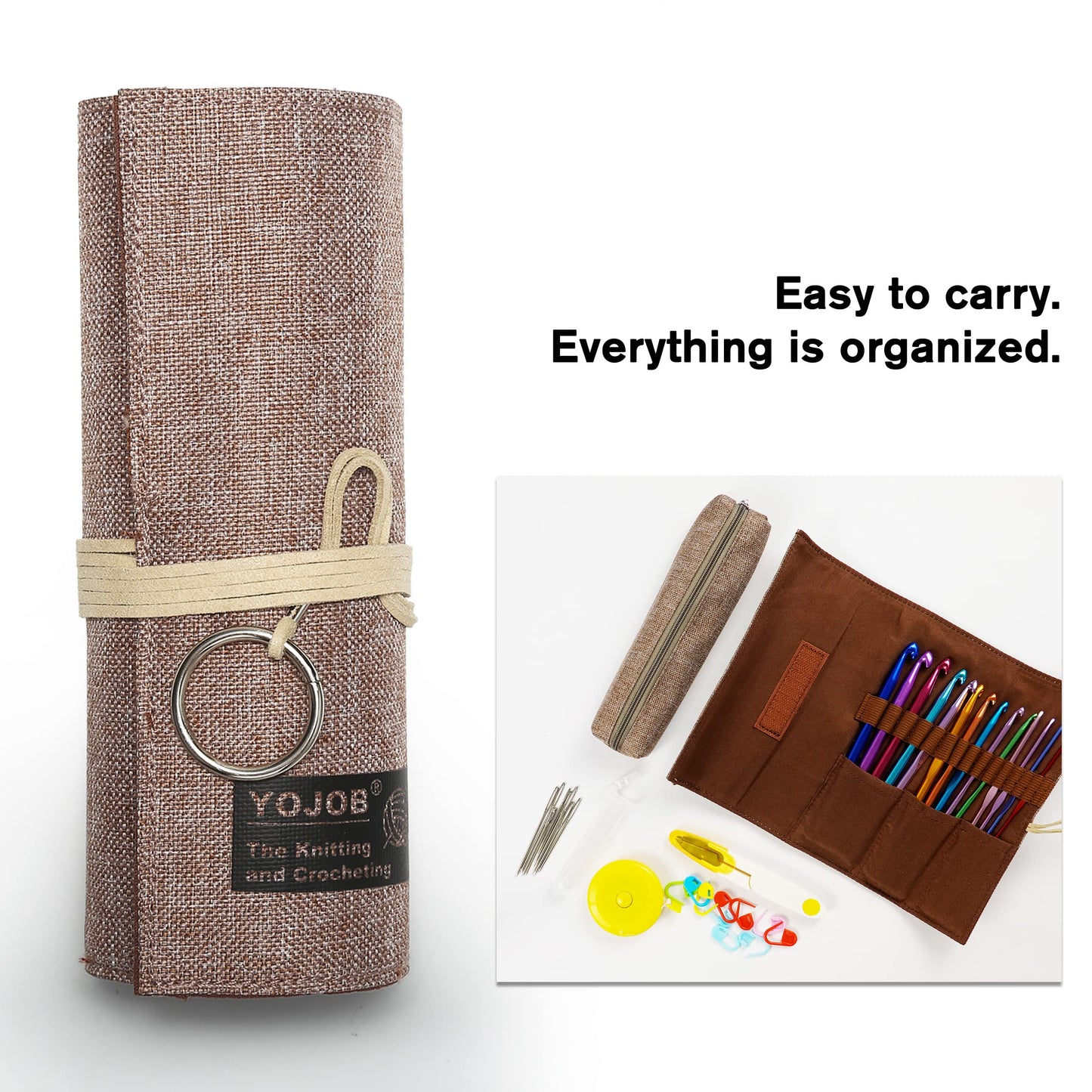 YOJOB Traditional Aluminum Crochet Hooks Case, 14 Slots Roll-up Crochet Hook Organizer with a Detached Zipper Bag (Beige-Orange)
