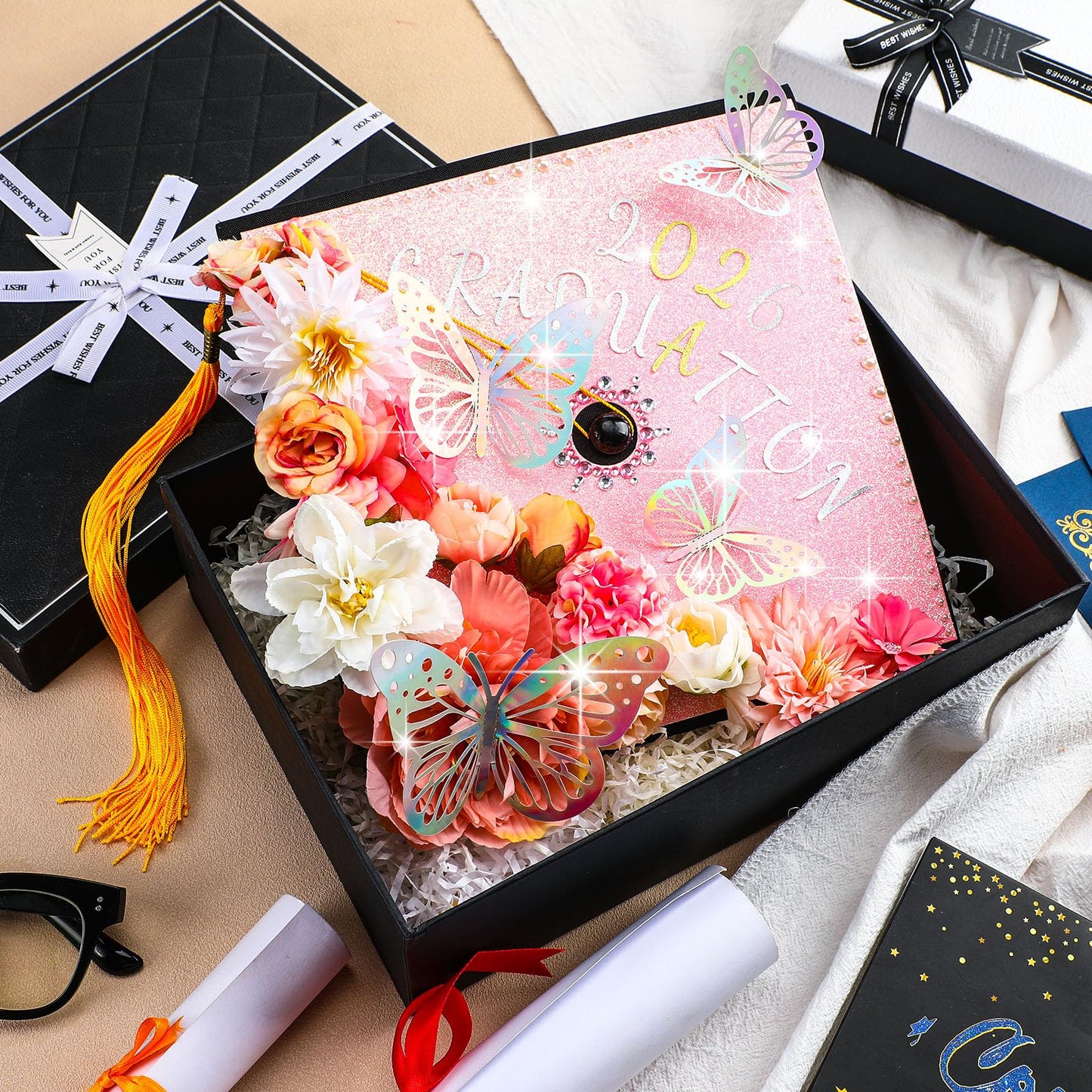 Wavwavw 44 Pcs DIY Graduation Cap Decorations Kit Pink Grad Cap Decorations 3D Artificial Flowers Butterfly Decals Rhinestone Pearl Stickers Letter Stickers Glitter Paper for 2026 Grad Hats Decor