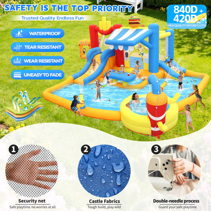 Large Inflatable Water Slide Park for Big Kids, 13-in-1 Bounce House Water Slide with Double Slides, Blower, Splash Pool, Deep Pool, 16X15X7.7ft Burger Theme Party Outdoor Backyard Blow Up Water Slide
