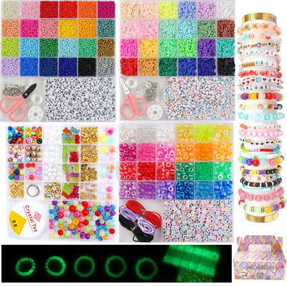nikkiGuo 6380 PCS Jewelry Making Kit – 24 Colors Seed Beads, 24 Colors Clay, UV Color Changing & Glow Pony, Letter, Mixed Charms, Tools,Gift Box for DIY Bracelets