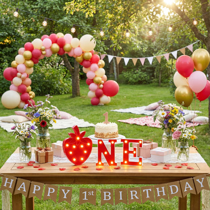 Honoson 3 Pcs Berry First Birthday Decor Strawberry Party Decorations LED Light up One Letter Sign Marquee String 1st Birthday Photo Prop Decor Sweet One Party Supplies(Strawberry)