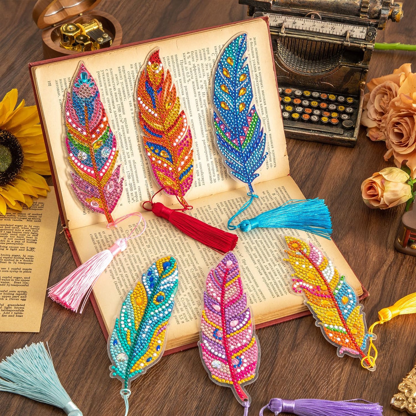 6 Pcs 5D Diamond Painting Art Kit, DIY Acrylic Crystal Diamond Bookmarks with Tassel, Flower & Feather Designs, Handmade Crafts BookMark Gift for Book Lovers, Women & Teenage, Creative Decor