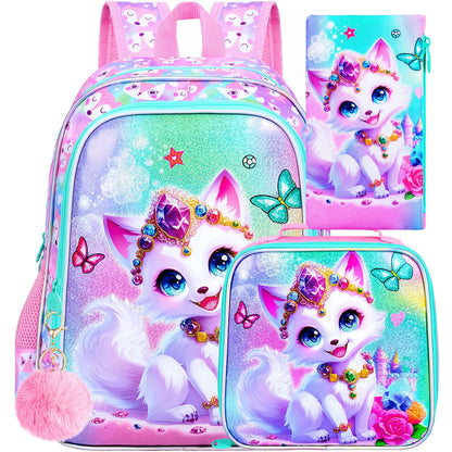 ZLYERT 16" Fox Backpack for Girls, 3Pcs Kids Bookbag for Elementary Preschool Kindergarten, School Backpacks with Lunch Box(Pink)