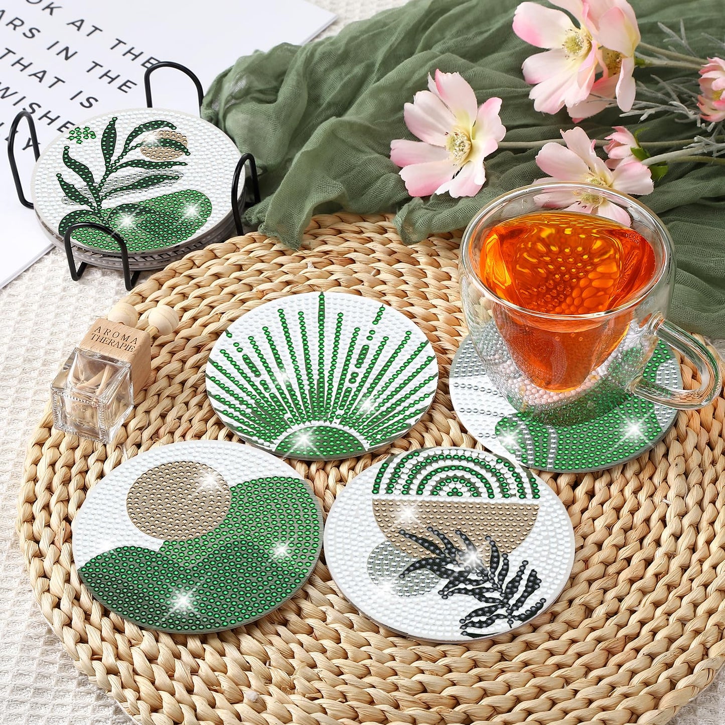 Ovveroche 8 Pcs Diamond Art Painting Coasters with Holder, Diamond Art Coasters Abstract Diamond Art Kits for Adults Beginner Craft Supplies